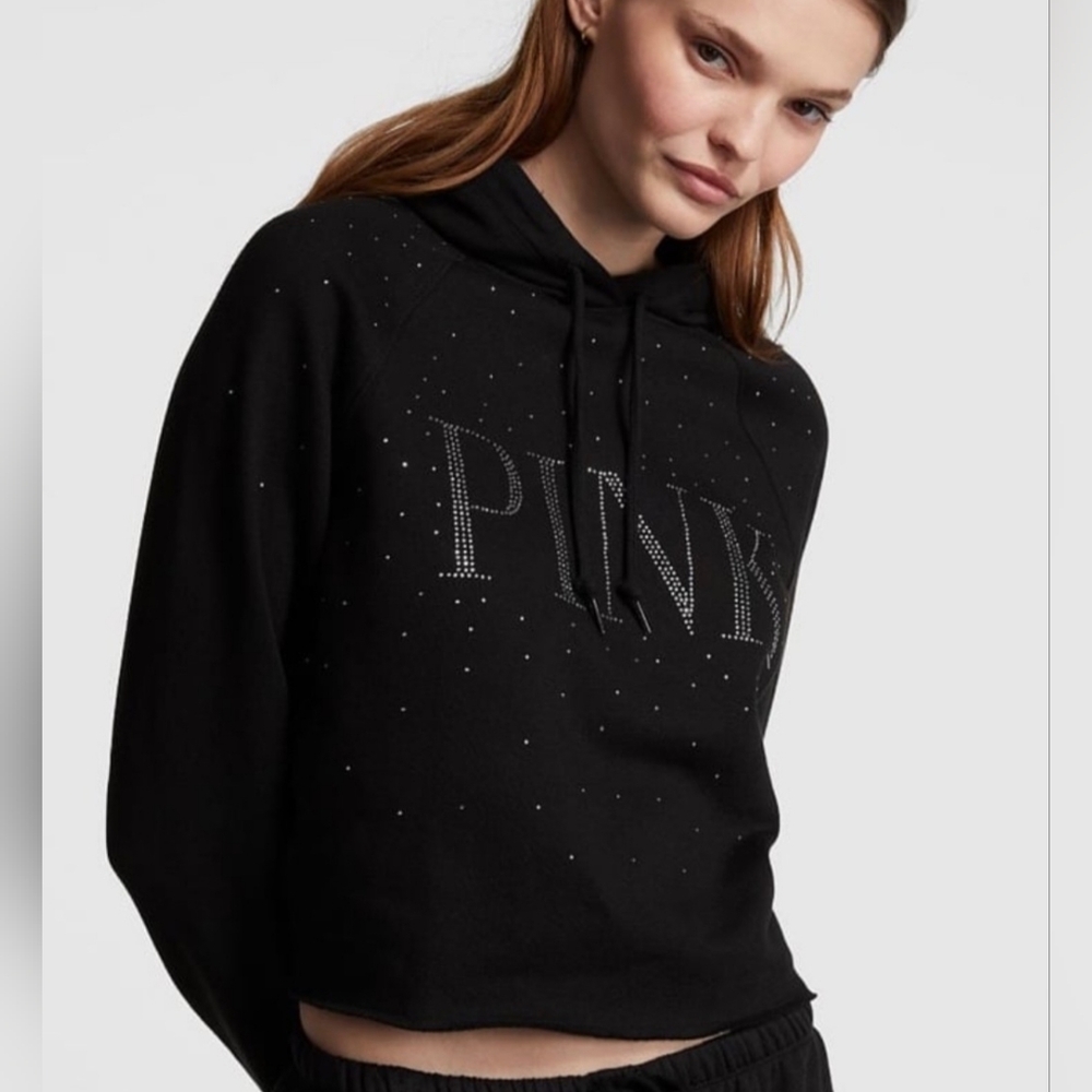 Victoria's Secret PINK Bling Pure Black Shine Fleece Cropped Hoodie Size XS NWOT